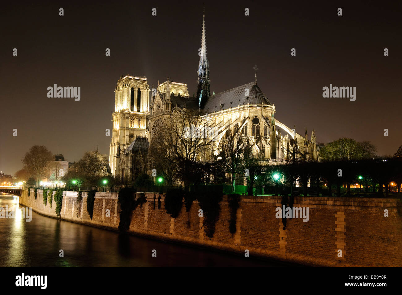 Notre Dame de Paris Kathedrale in der Nacht mit dem Fluss im Vordergrund. Stockfoto