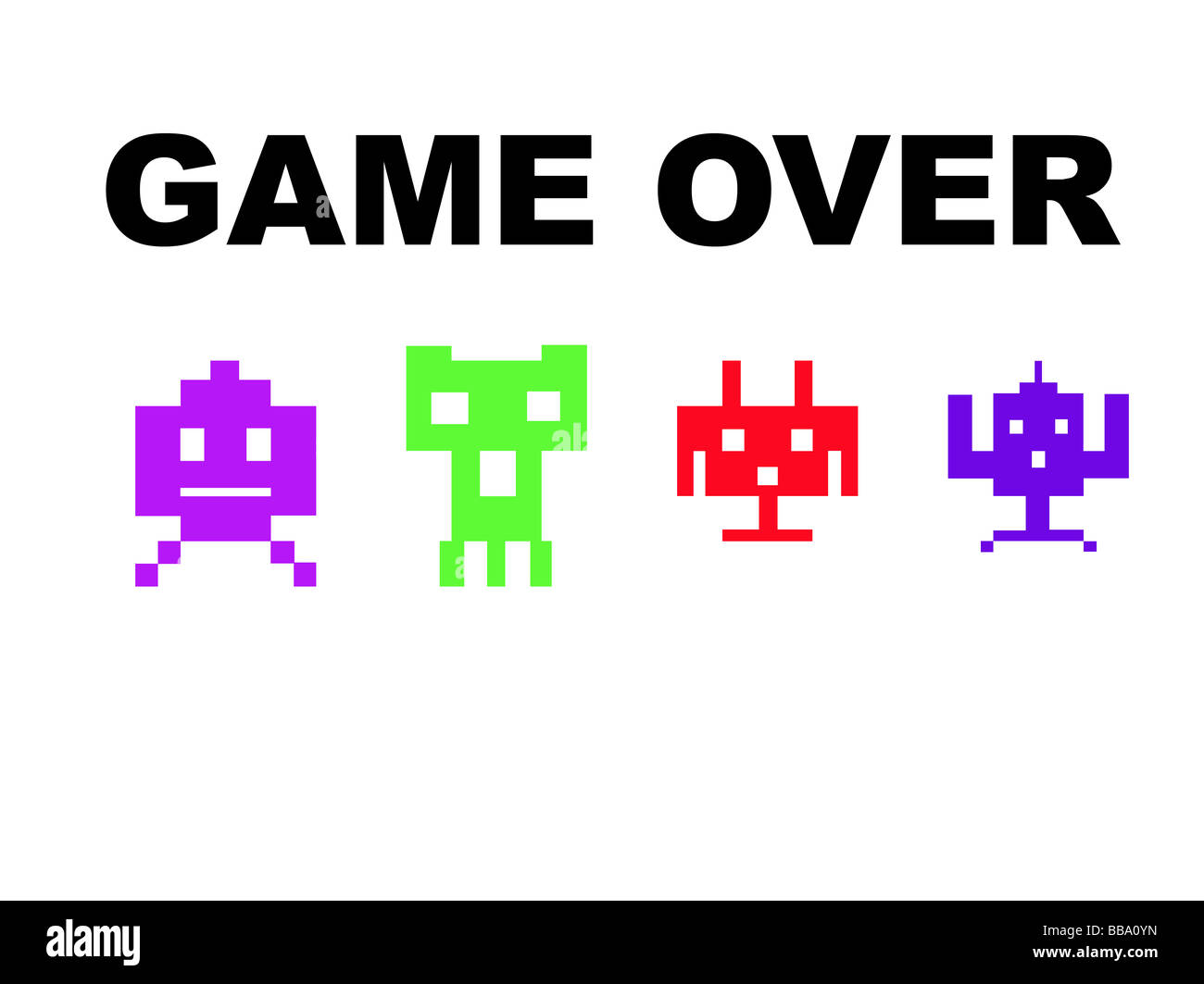 Space Invaders mit Spiel über isoliert auf weißem Hintergrund Stockfoto