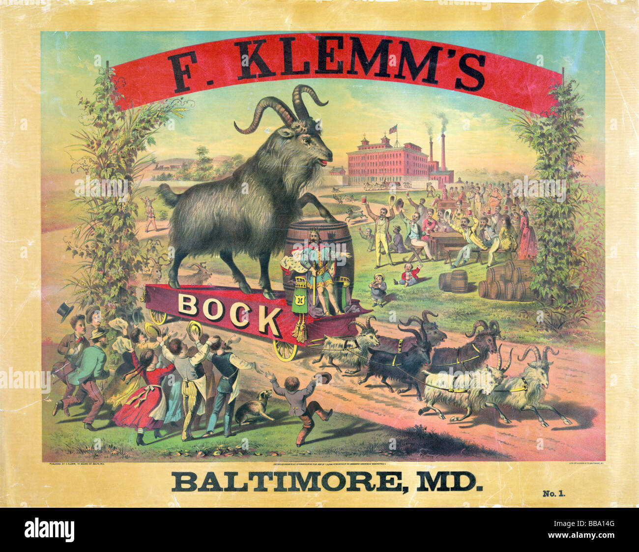 Ende des neunzehnten Jahrhunderts (um 1880) Lithographie Poster von Hoen & Co Werbung F Klemm Bockbier aus Baltimore, Maryland. Stockfoto