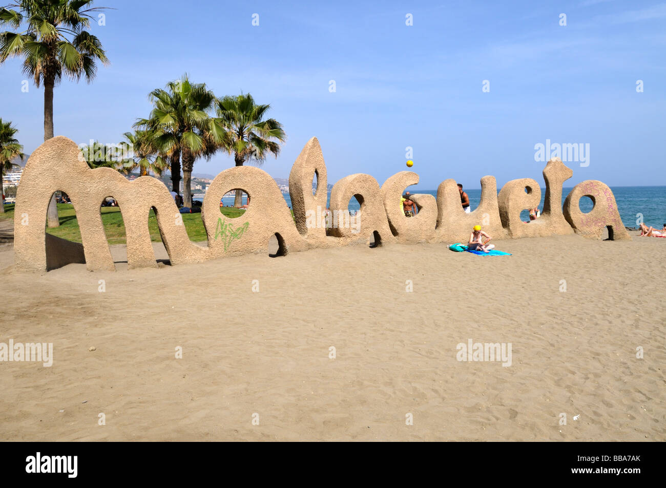 Malagueta Zeichen am Strand in der Stadt Malaga, Costa Del Sol, Spanien Stockfoto