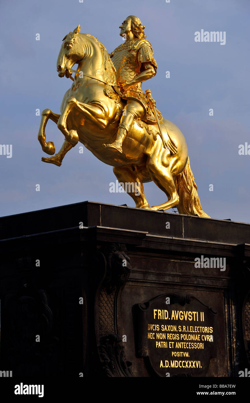 Goldener Reiter, Goldener Reiter, Reiterstandbild des Augustus II das starke von Sachsen, Dresden, Freistaat Sachsen, Deutschland, E Stockfoto