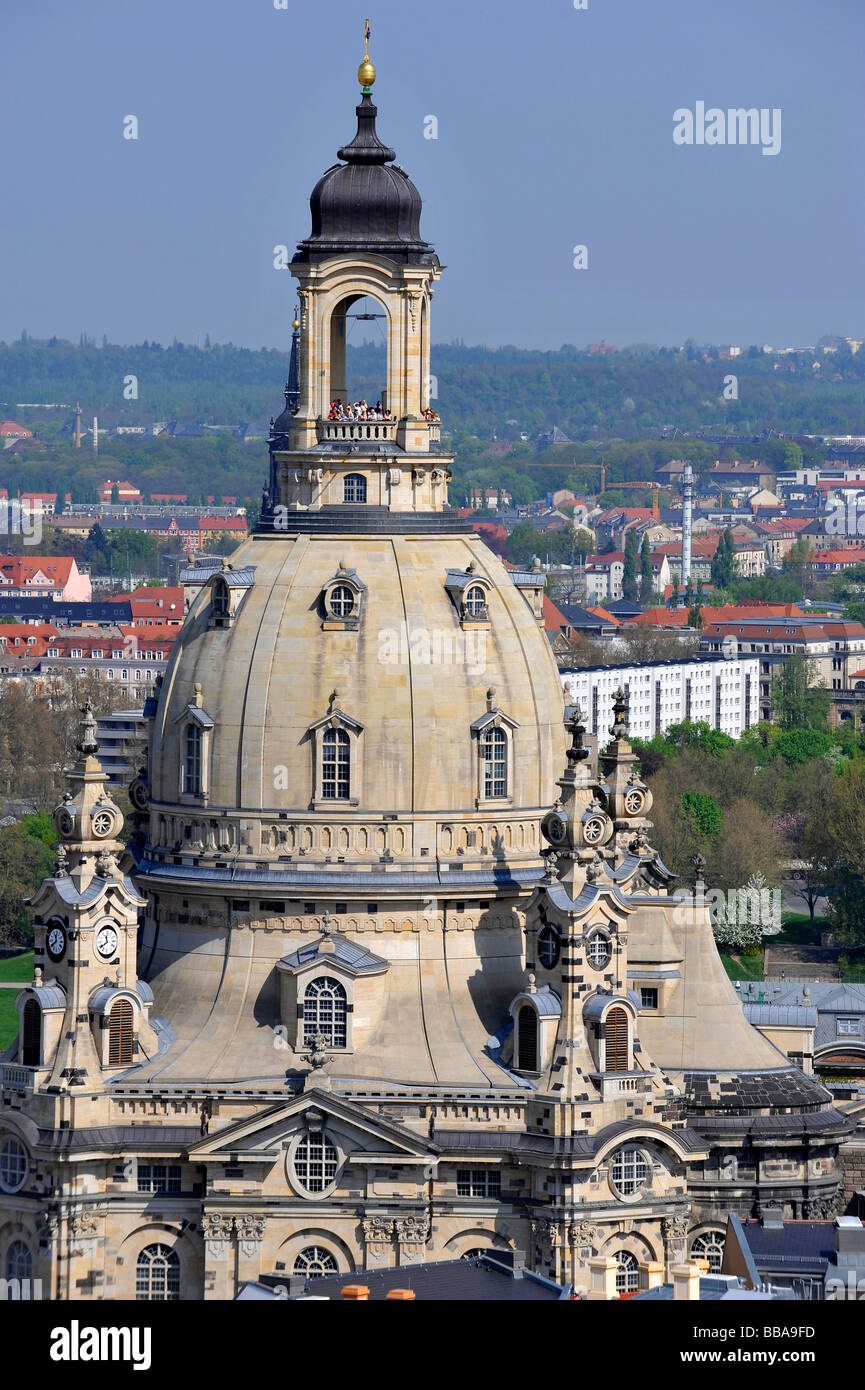 Blick auf die Kuppel der Frauenkirche, Frauenkirche, mit Aussichtsplattform in der Laterne, Dresden, Freistaat Sachsen, Stockfoto