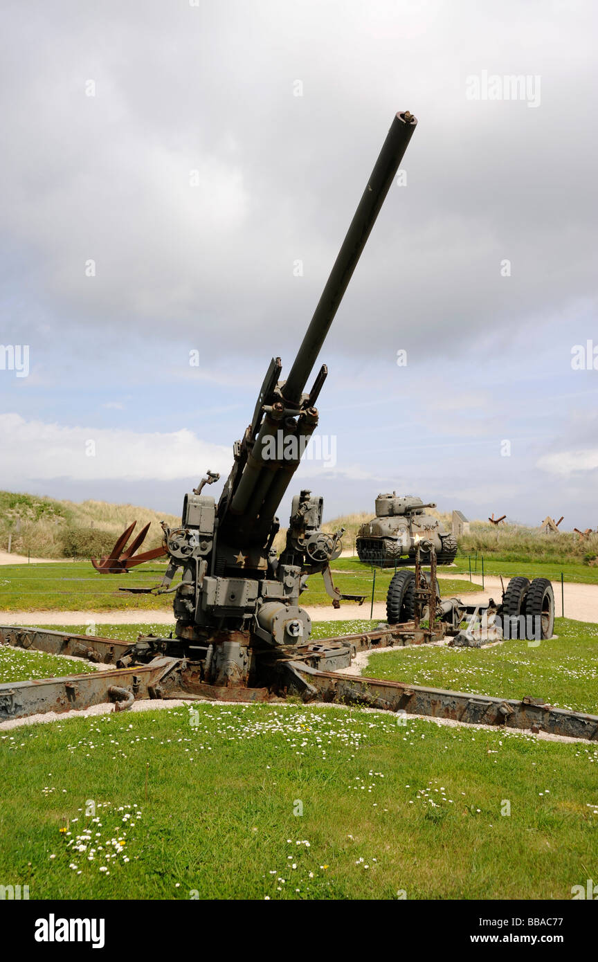 D-Day 90mm Flak Utah beach Sainte Marie du Mont Manche Normandie Frankreich WWII Stockfoto