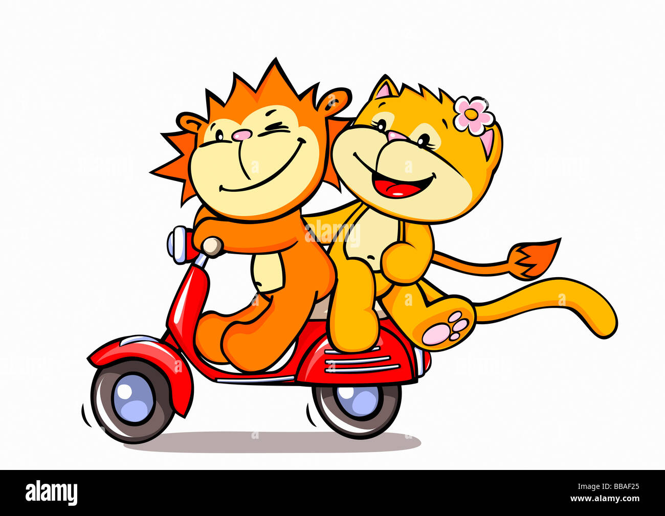 Ein Löwe und eine Katze Reiten auf einem Roller Stockfoto