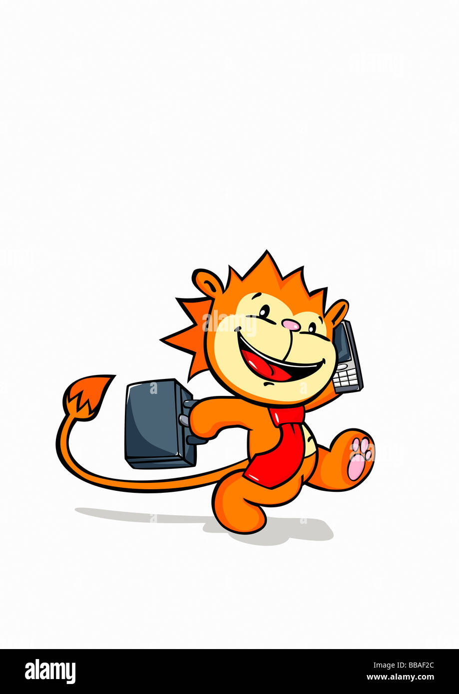 Ein Löwe im Gespräch auf ein Mobiltelefon und tragen eine Aktentasche Stockfoto