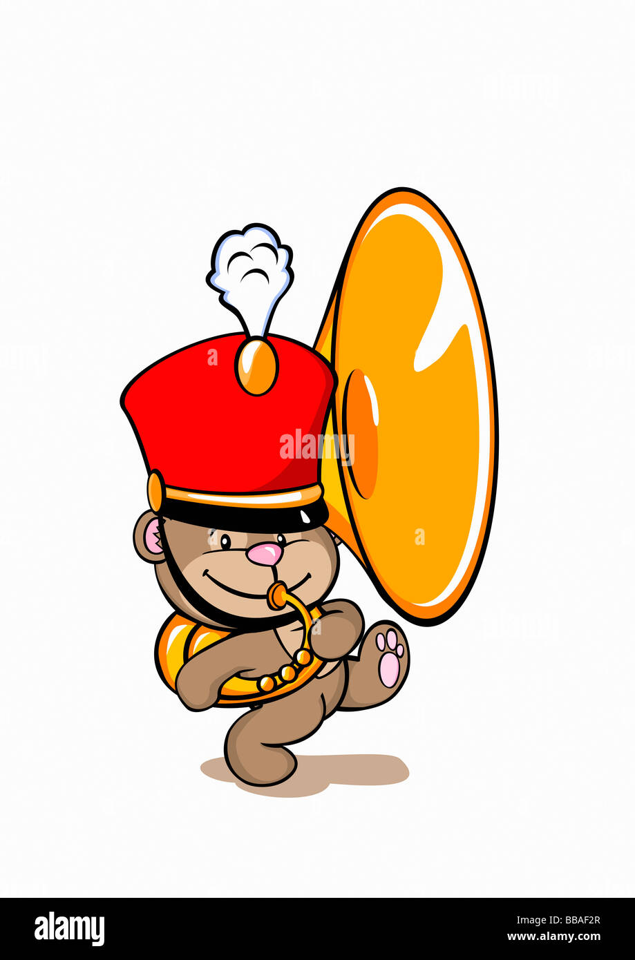 Ein Bär trägt eine marching band, Hut und spielen einer tuba Stockfoto