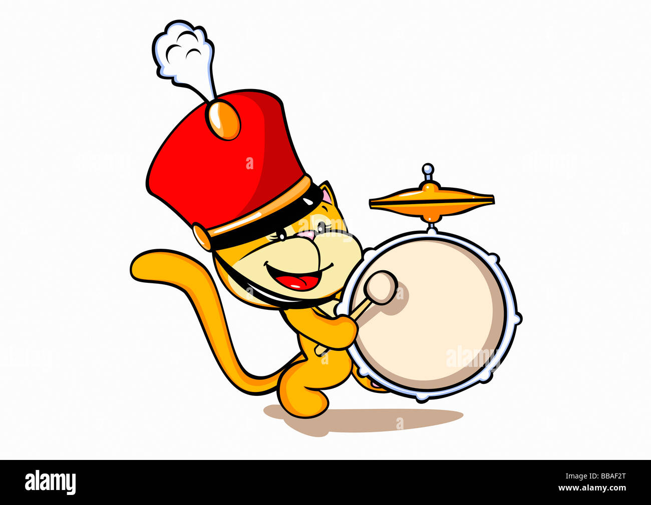 Eine Katze einen marching Band Hut und eine Trommel zu spielen Stockfoto