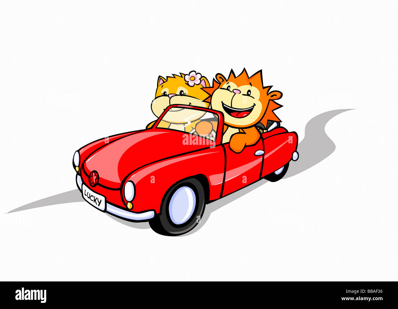 Ein Löwe und eine Katze in ein Cabrio Stockfoto