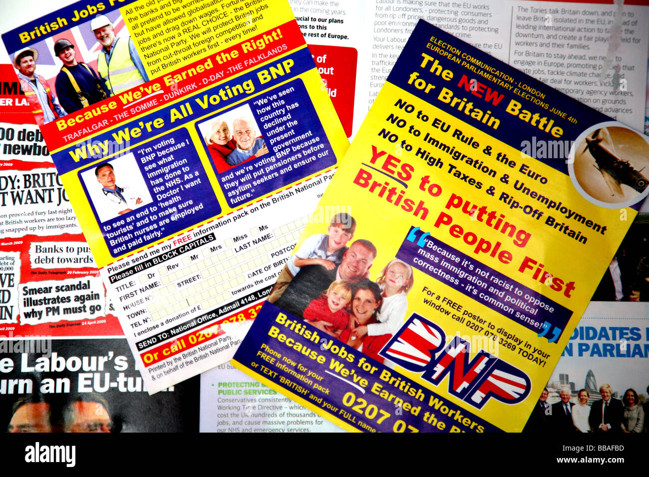 British National Party Flyer für das Jahr 2009 Europawahl Stockfoto