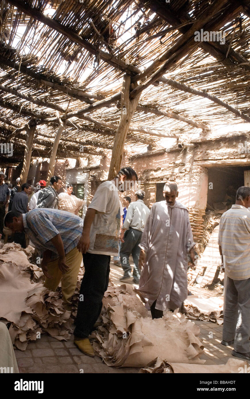 Leder-Händler verkauft seine gegerbte Häute im Herzen des alten Souk, Marrakesch, Marokko Stockfoto