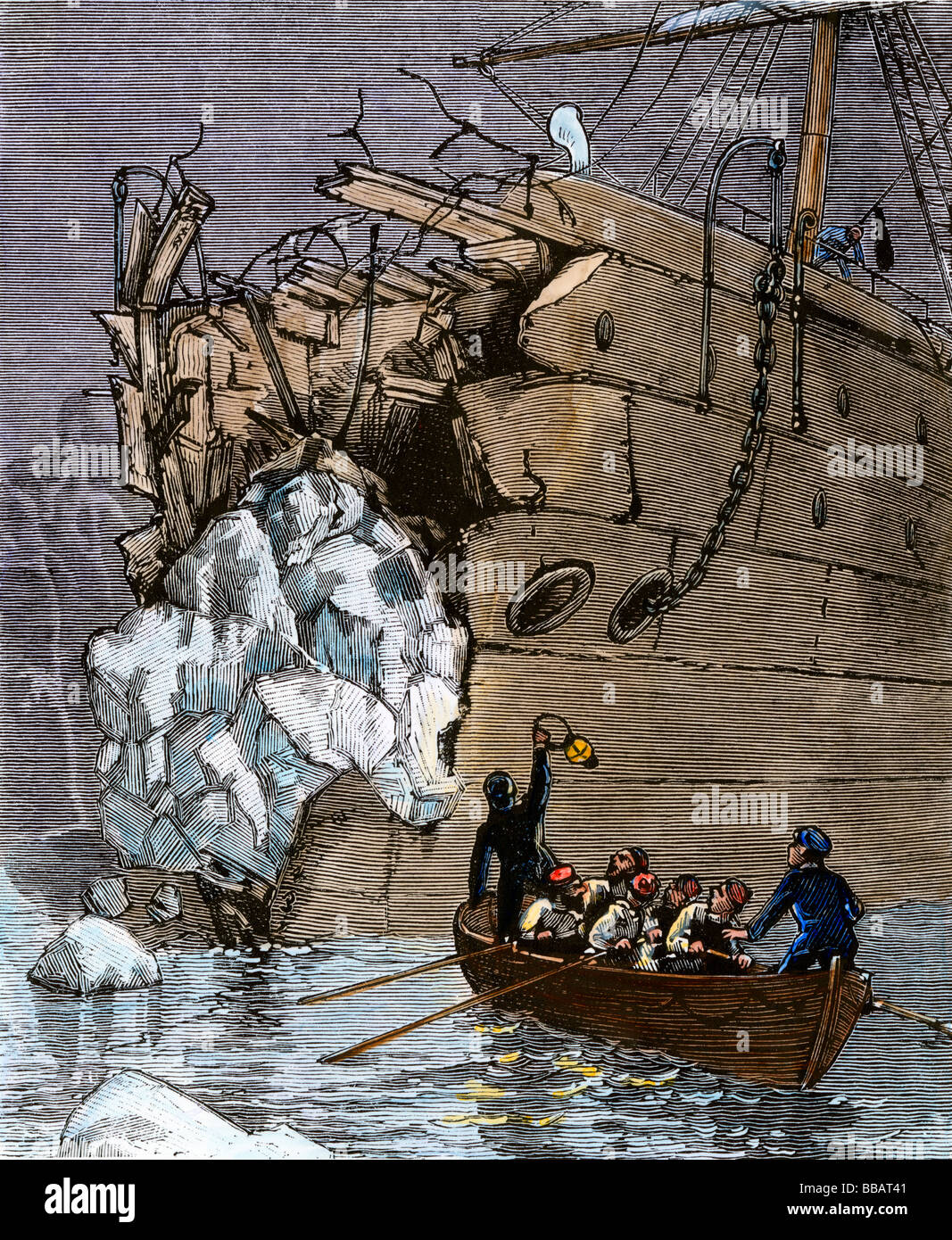 Eis verkeilt im Bug des Britische Passagierschiff SS Arizona nach einer Kollision im Jahre 1879. Hand - farbige Holzschnitt Stockfoto