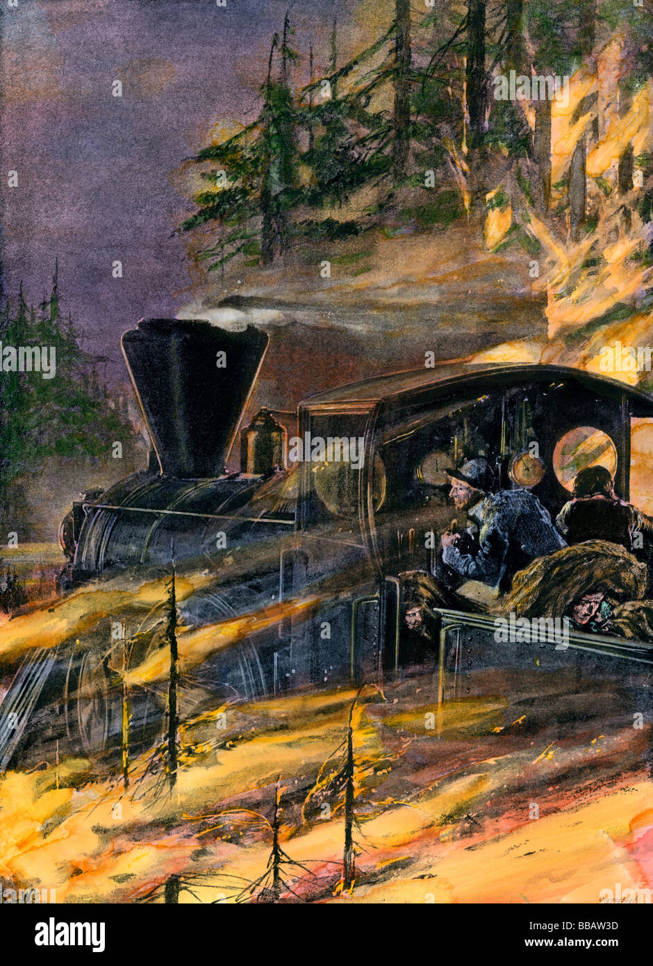 Eisenbahn Zug rennen durch einen Waldbrand im amerikanischen Westen 1890. Handcolorierte halftone einer Abbildung Stockfoto