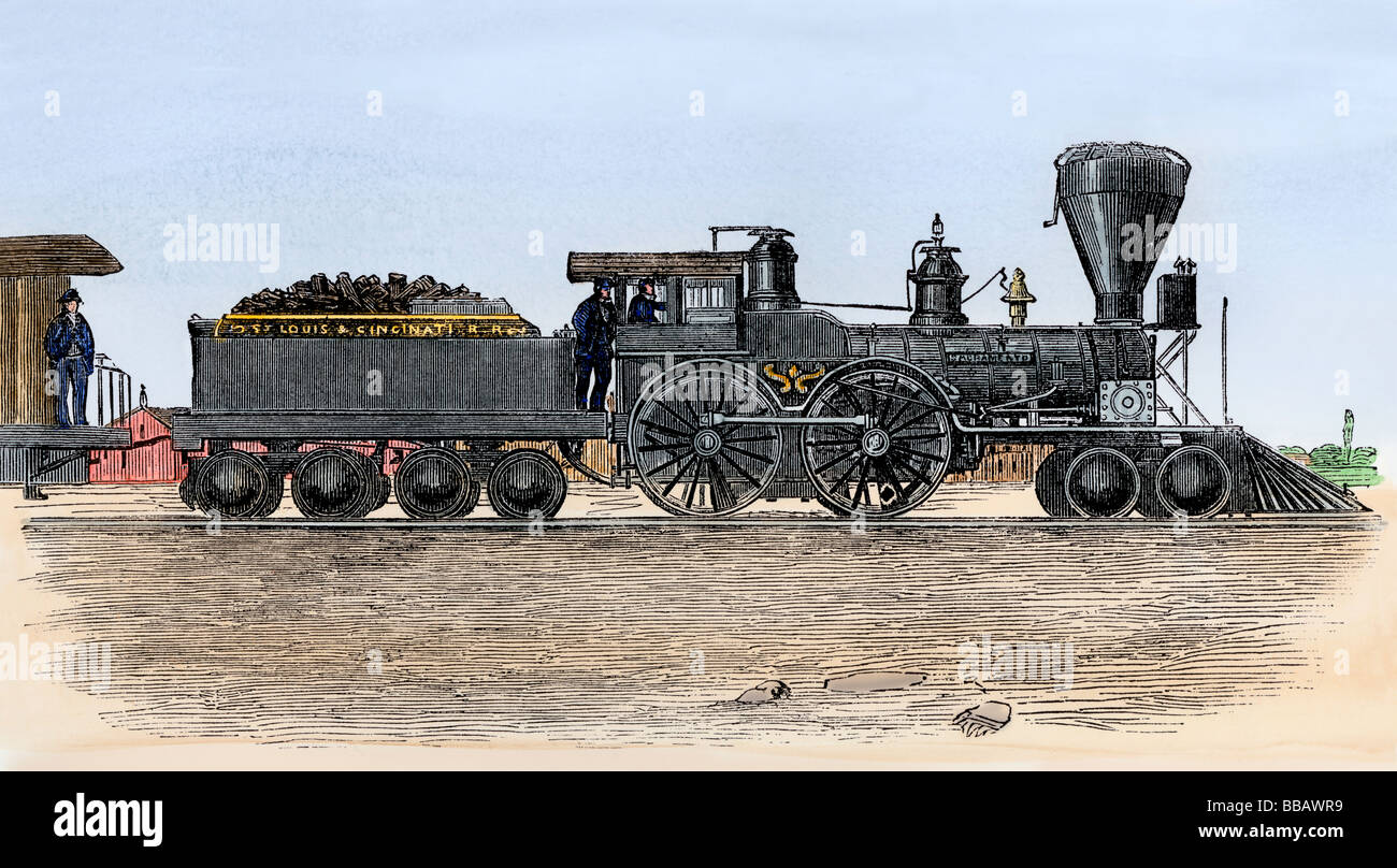 Lokomotive auf der St. Louis & Cincinnati Railway 1850. Hand - farbige Holzschnitt Stockfoto
