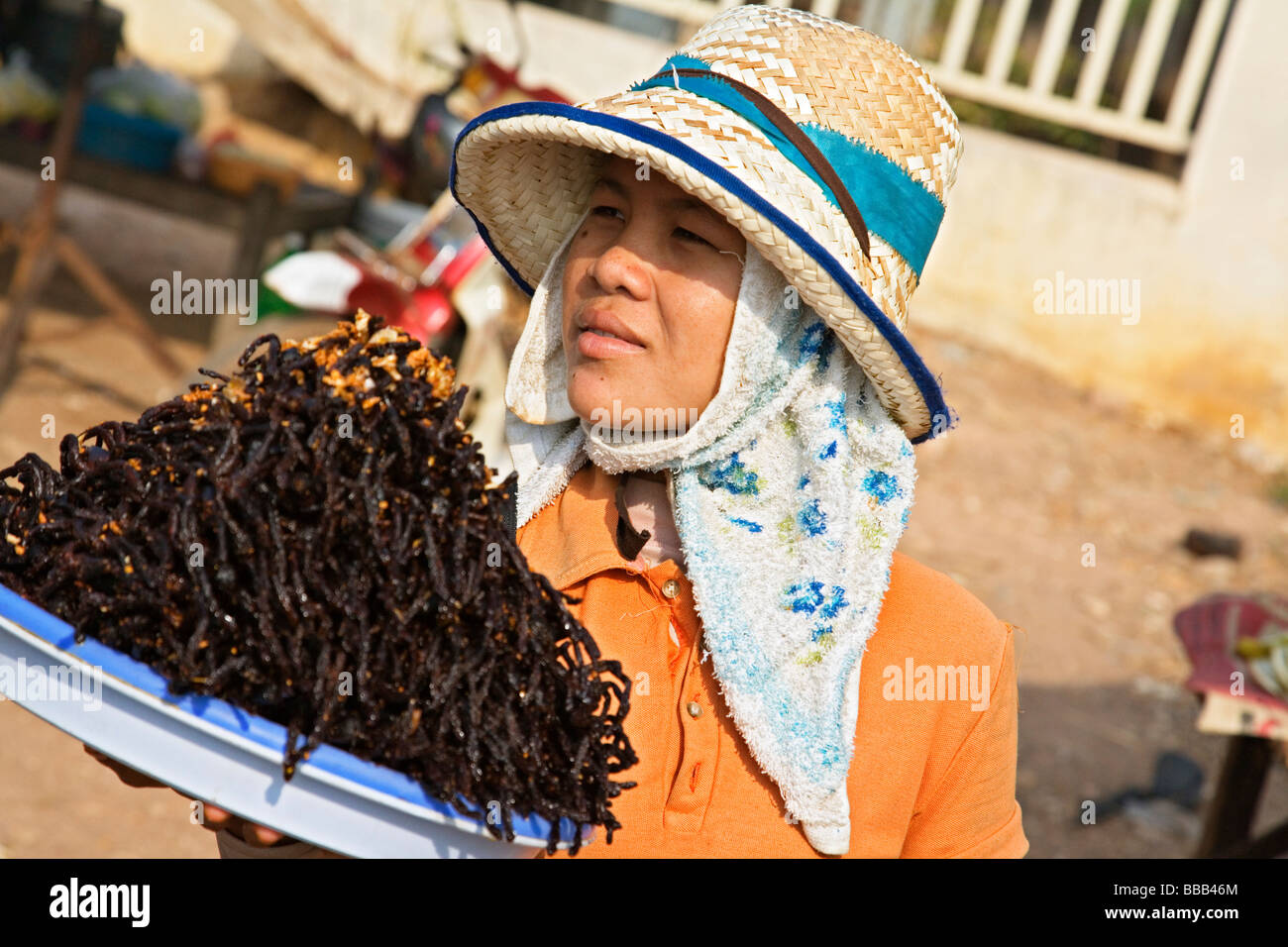 Frau verkaufen tief gebratene Vogelspinnen auf Skuom Markt an der Straße zwischen Phnom Penh und Siem Reap Stockfoto