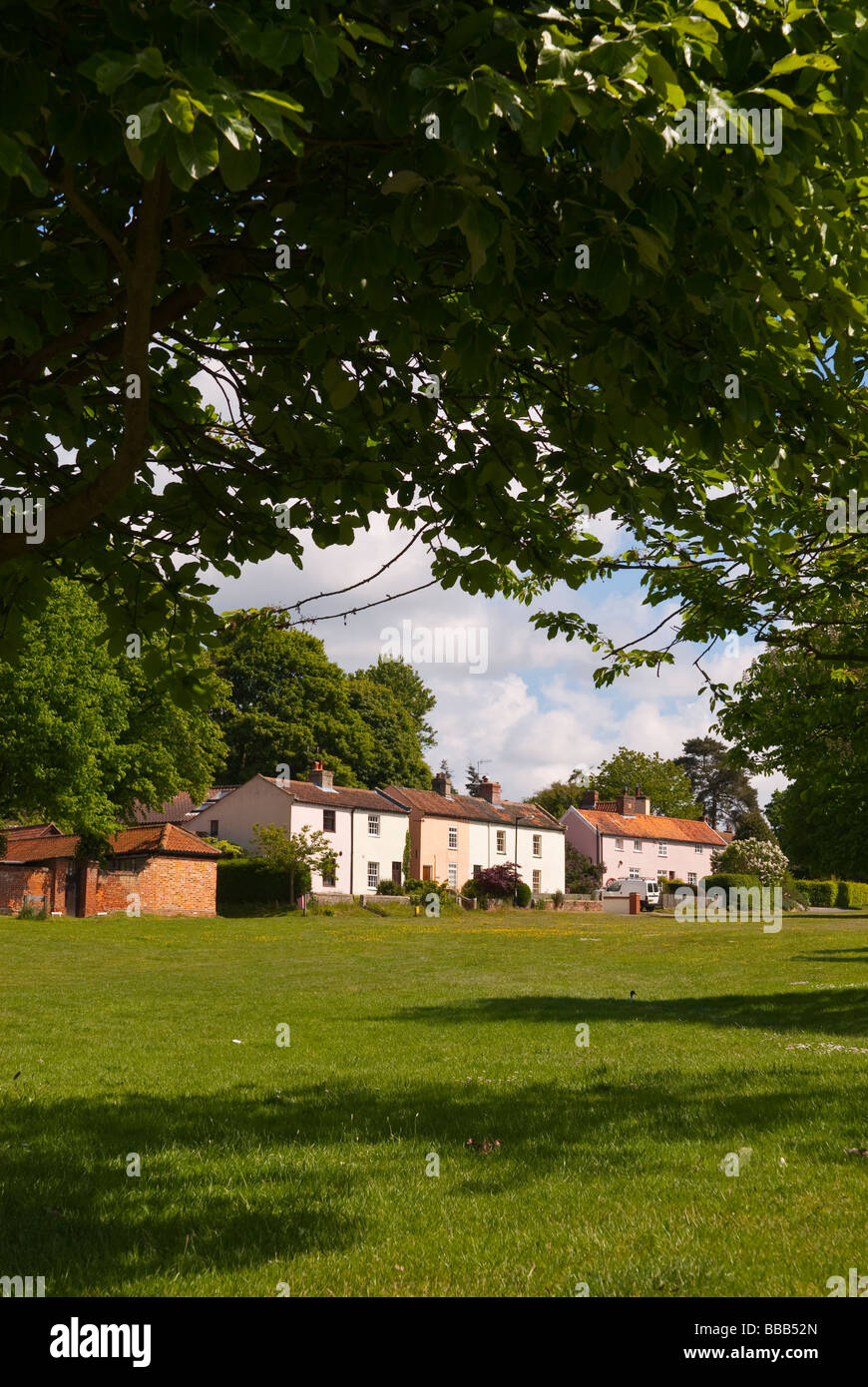 Eine Reihe von Häusern in der Nähe der Dorfanger in Westleton, Suffolk, Uk Stockfoto