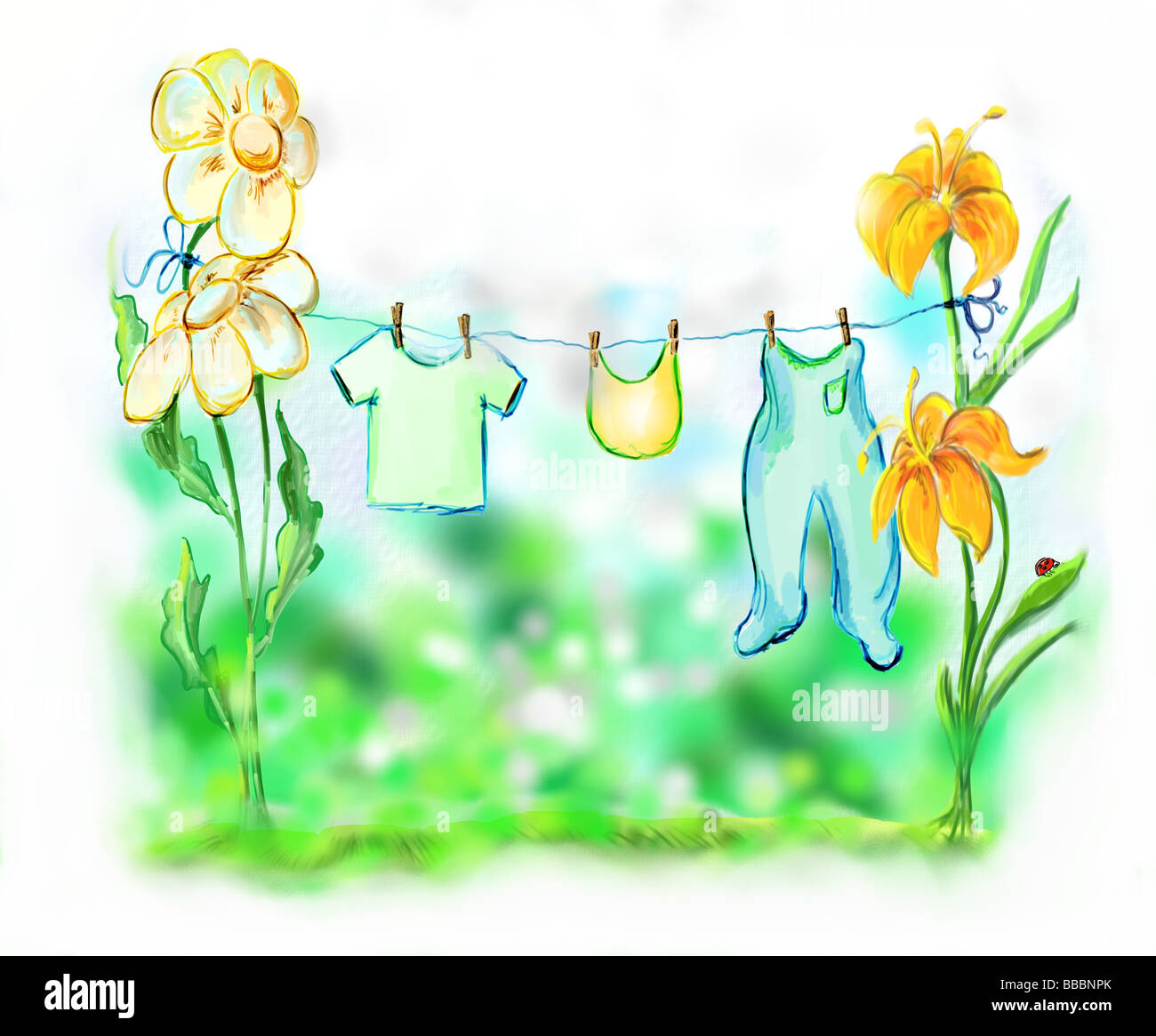 Baby Wäsche ist hängen zum Trocknen unter den Blumen auf der sonnigen Wiese Stockfoto