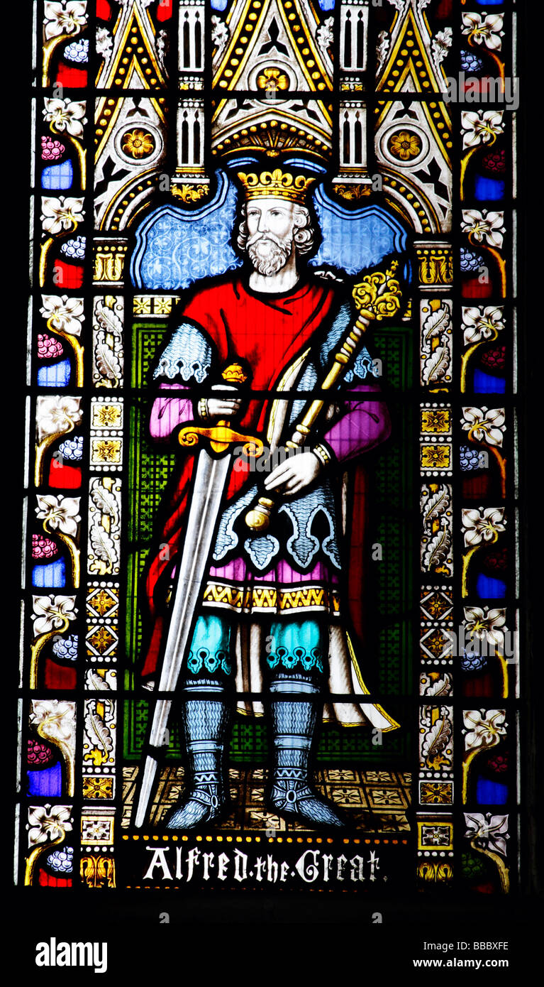 Glasfenster von Alfred dem großen Kathedrale von Winchester, Hampshire, England, UK Stockfoto