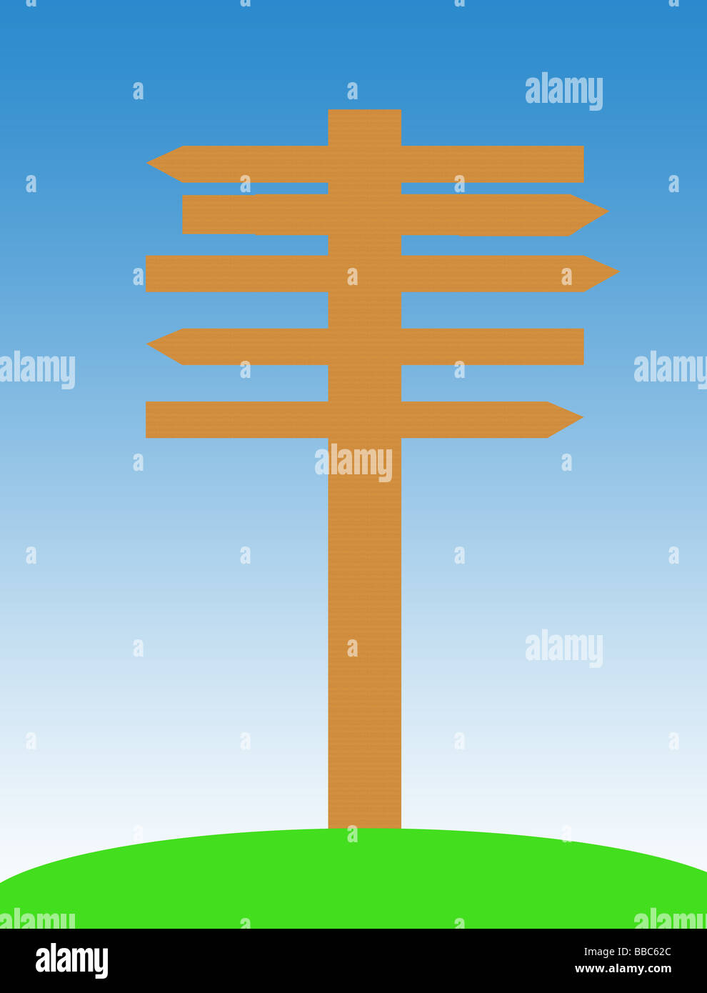 Holzschild post mit Pfeilen, die in verschiedene Richtungen blauen Himmelshintergrund Stockfoto