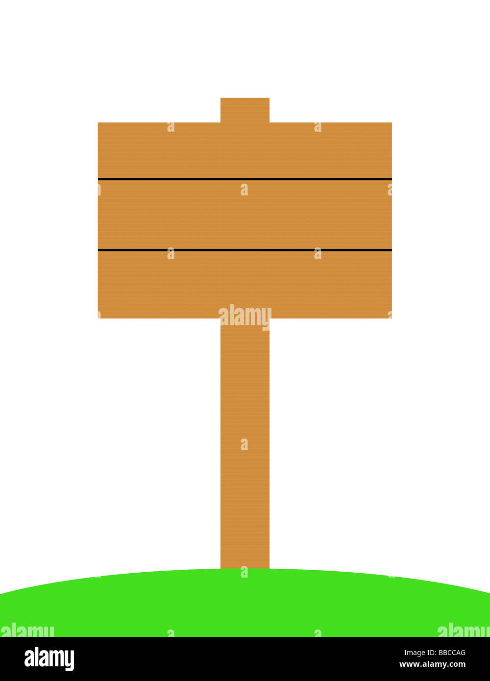 Leere Holzschild an Bord Abbildung am grünen Hügel Stockfoto