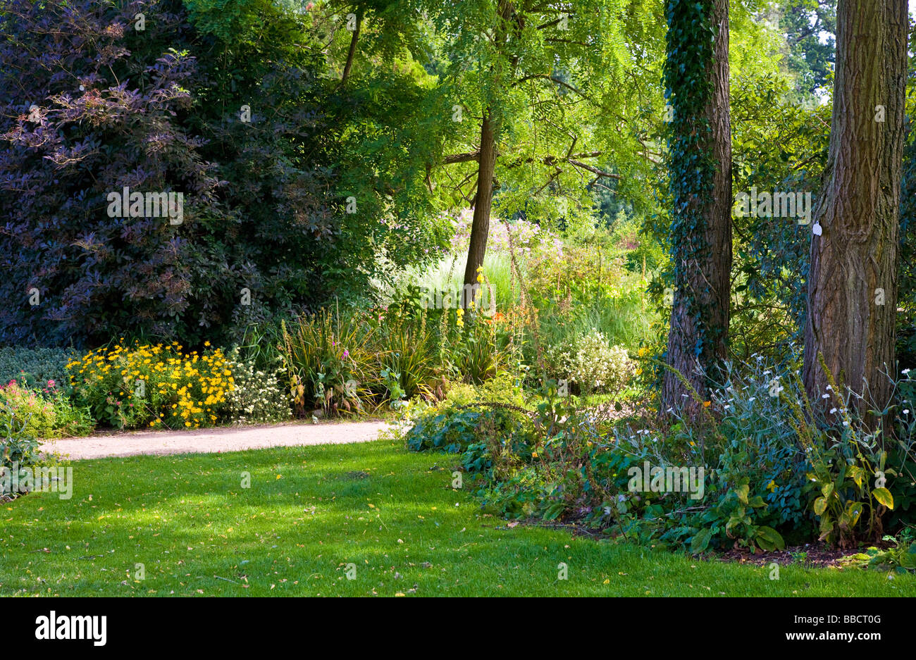 Große Bäume Sträucher Büsche und Blumenbeete an Waterperry Garten Oxfordshire England UK Großbritannien Stockfoto