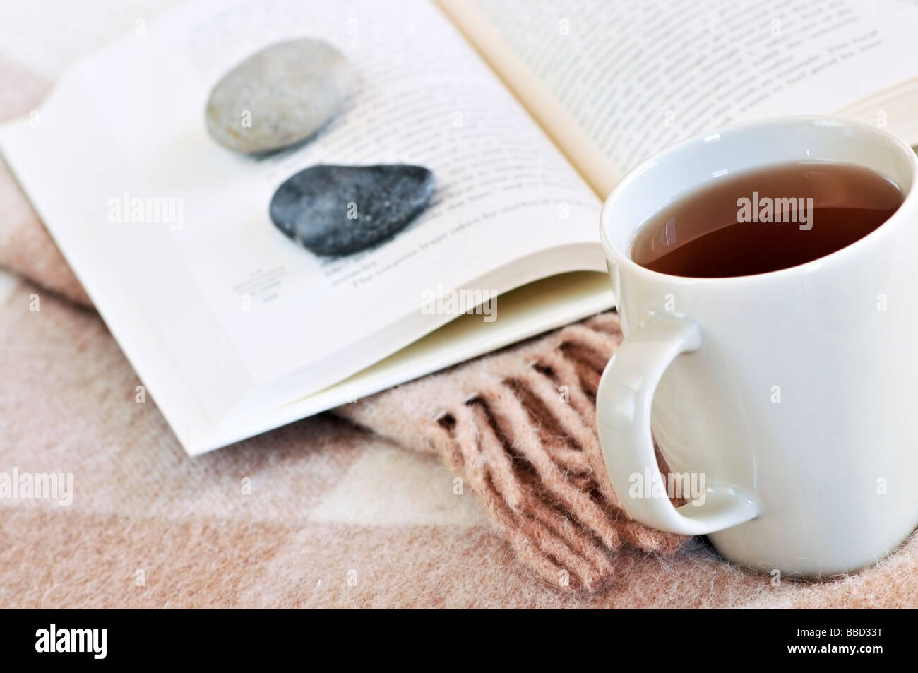 Entspannen mit einem Buch und eine Tasse Tee Stockfoto