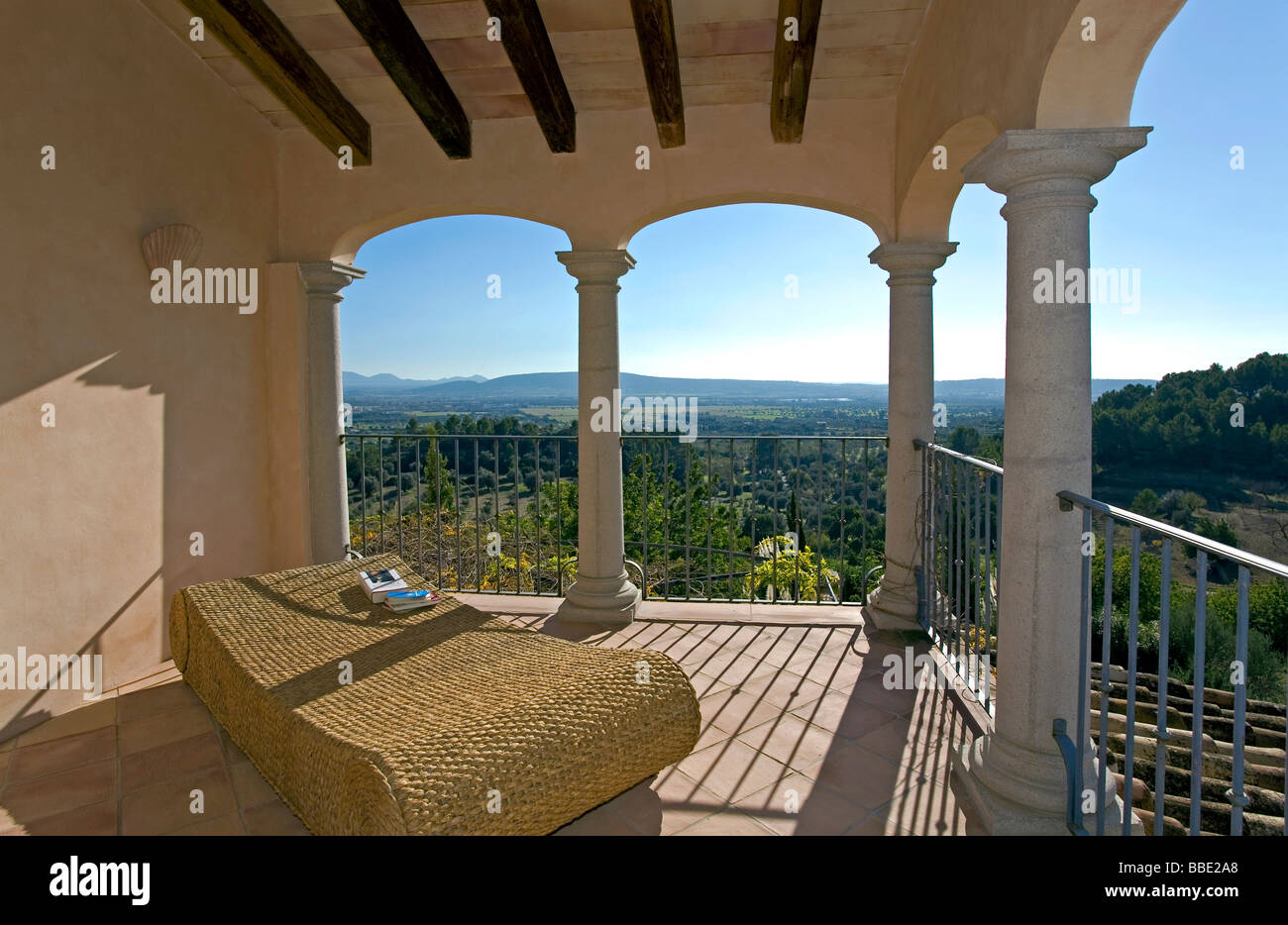 Balkon mit Aussicht. Soller. Mallorca. Balearischen Inseln. Spanien Stockfoto