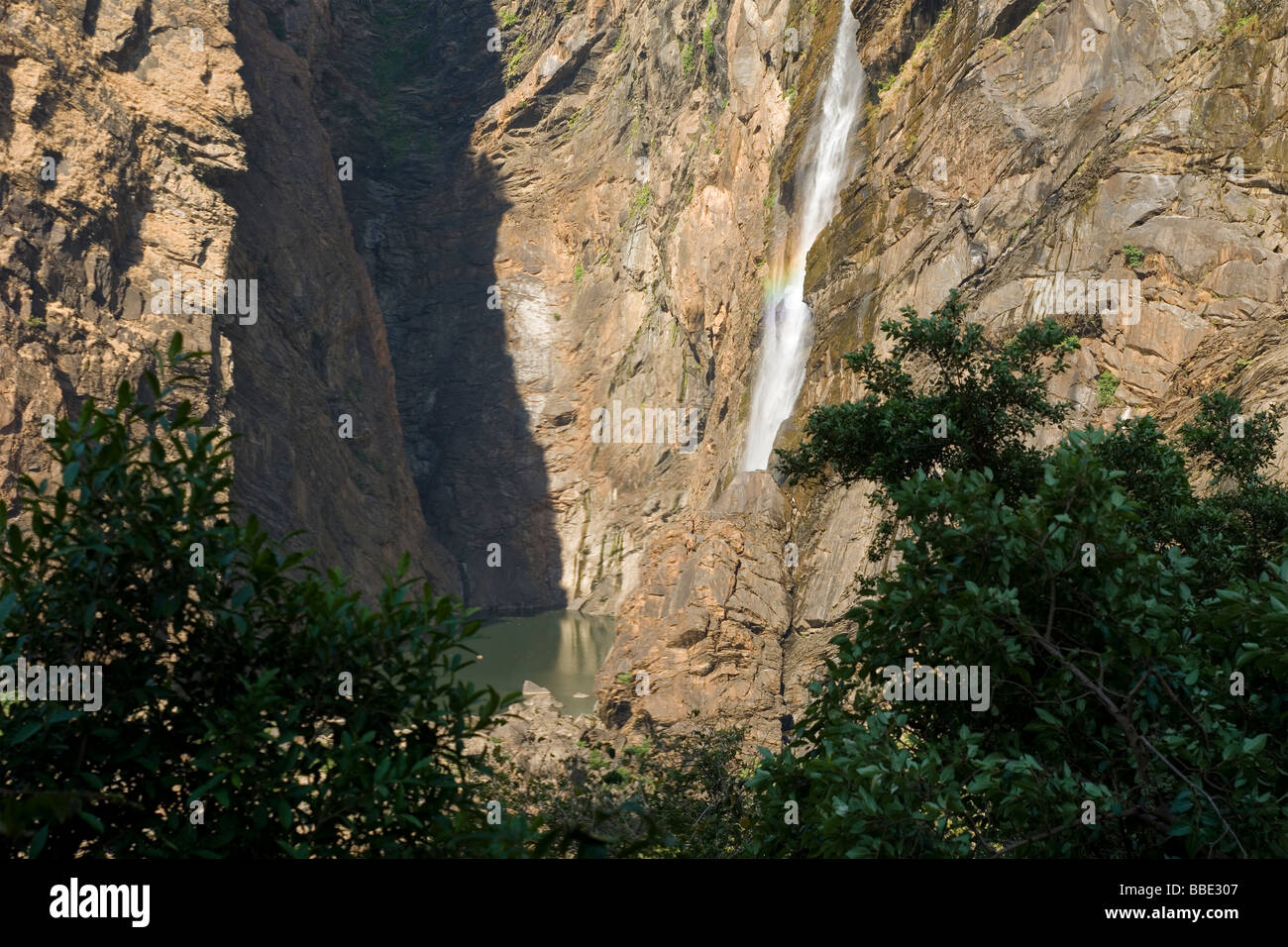 Wasserfall (Jog Falls) - größte in Indien (300 m hoch). Vor-und Nachsaison Niedrigwasser. Stockfoto