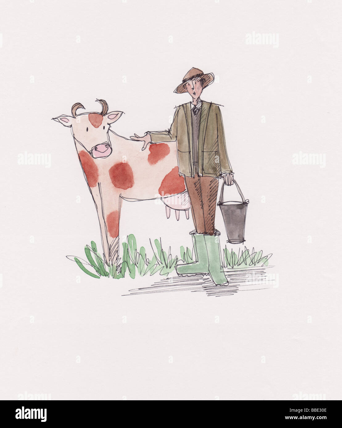 Aquarell-Abbildung eines Bauern mit einem Milch-Eimer und eine gefleckte Kuh im Rasen stehen Stockfoto