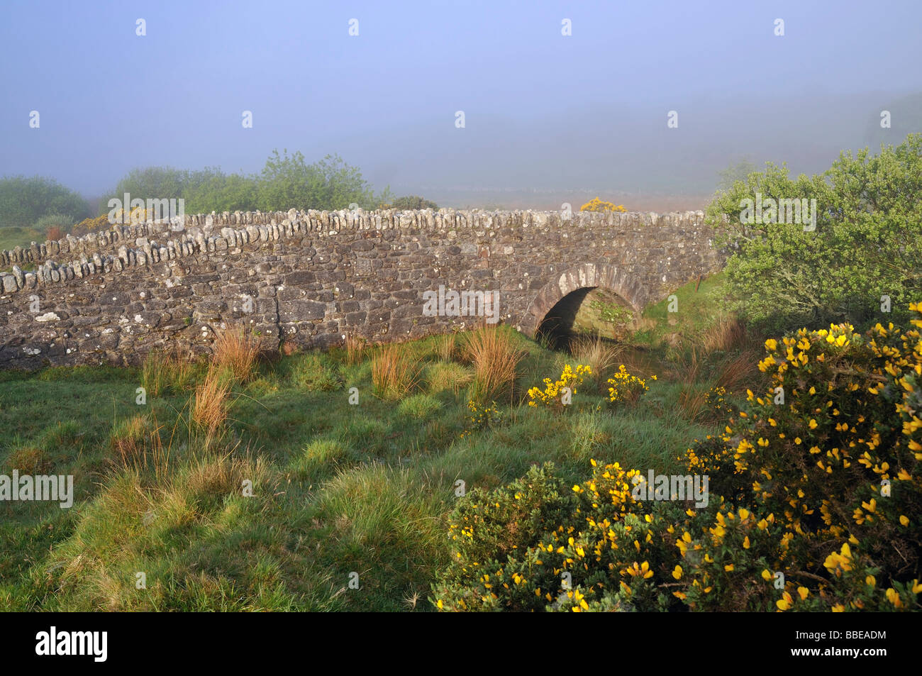 Alte Tempel Brücke im morgendlichen Nebel Oniginal Kurs der A30 Bodmin Moor Cornwall Stockfoto
