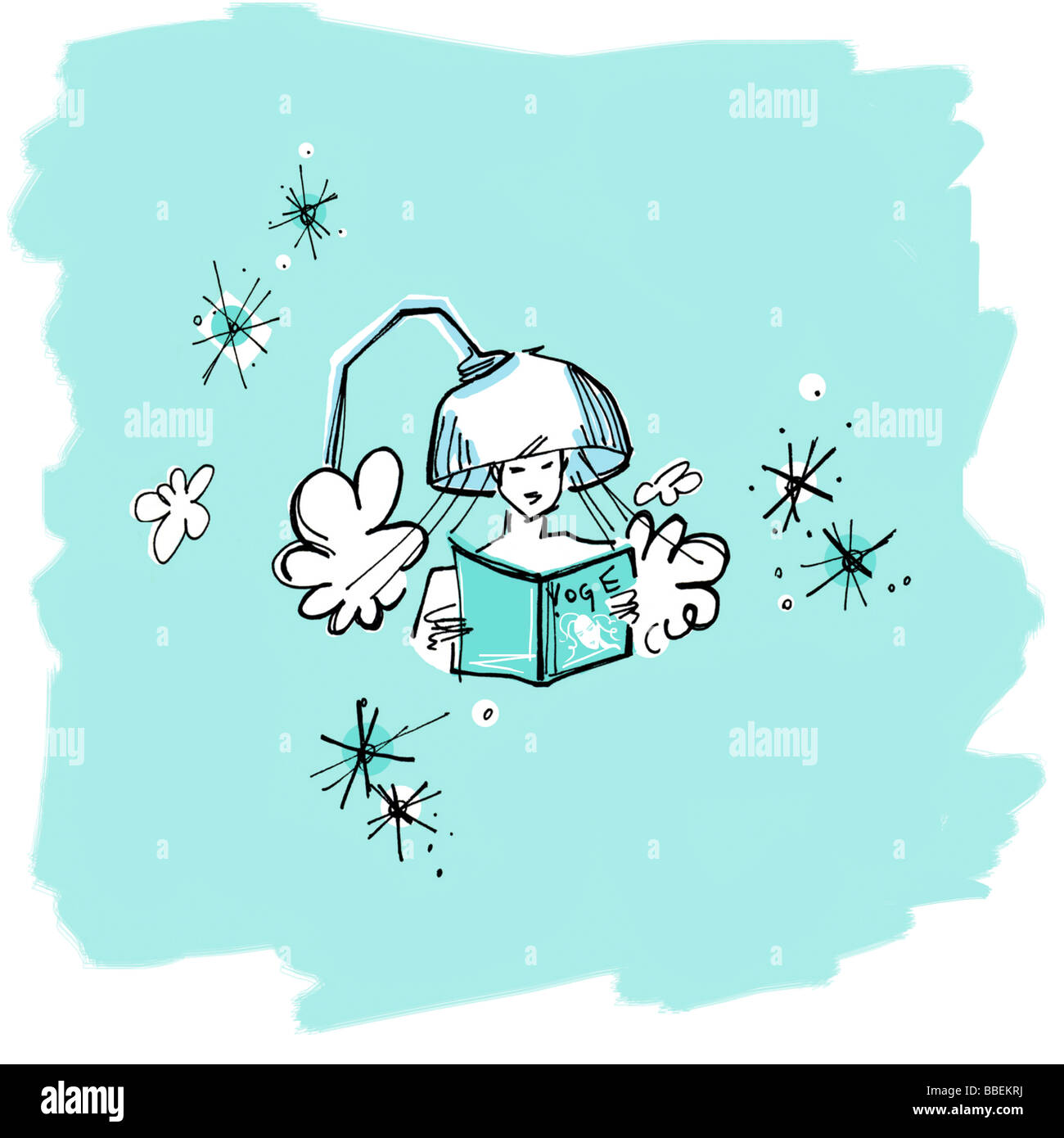 Darstellung der Frau unter Haartrockner im Salon Stockfoto