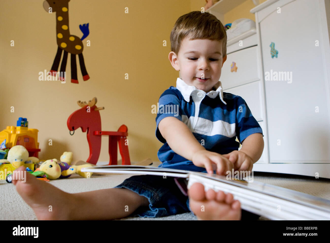 Zwei Jahre alten Jungen Lesebuch, Milton, Ontario Stockfoto