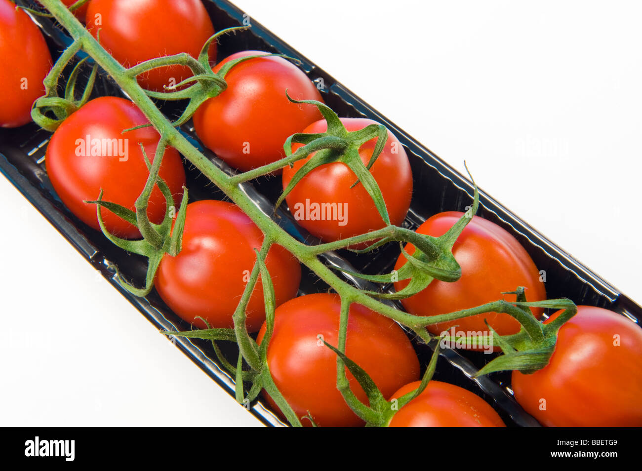 Pflaumentomate Rispe in schwarz verkaufen Box rot grün schwarz weißen Hintergrund Plumtomatoes Tast lecker gesund Gesundheit feine Mini Essen Stockfoto