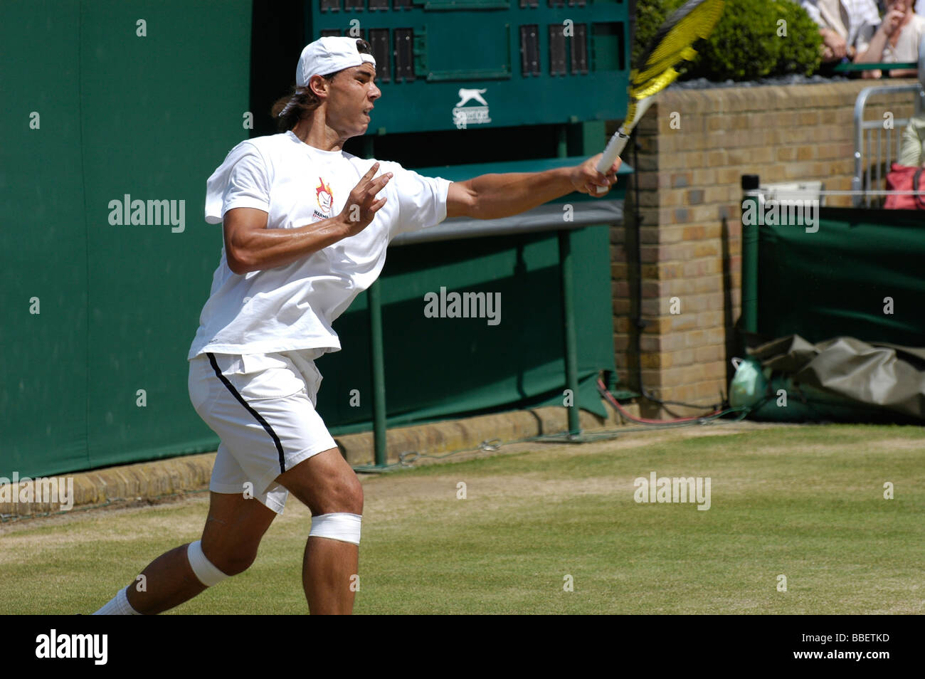 Rafael Nadal Praktiken in Wimbledon im Jahr 2008 Stockfoto