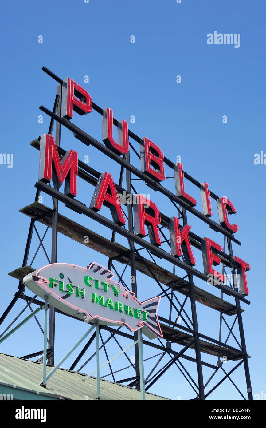 Öffentlichen Markt Neon Sign, Park Place Market, Seattle, Washington Stockfoto