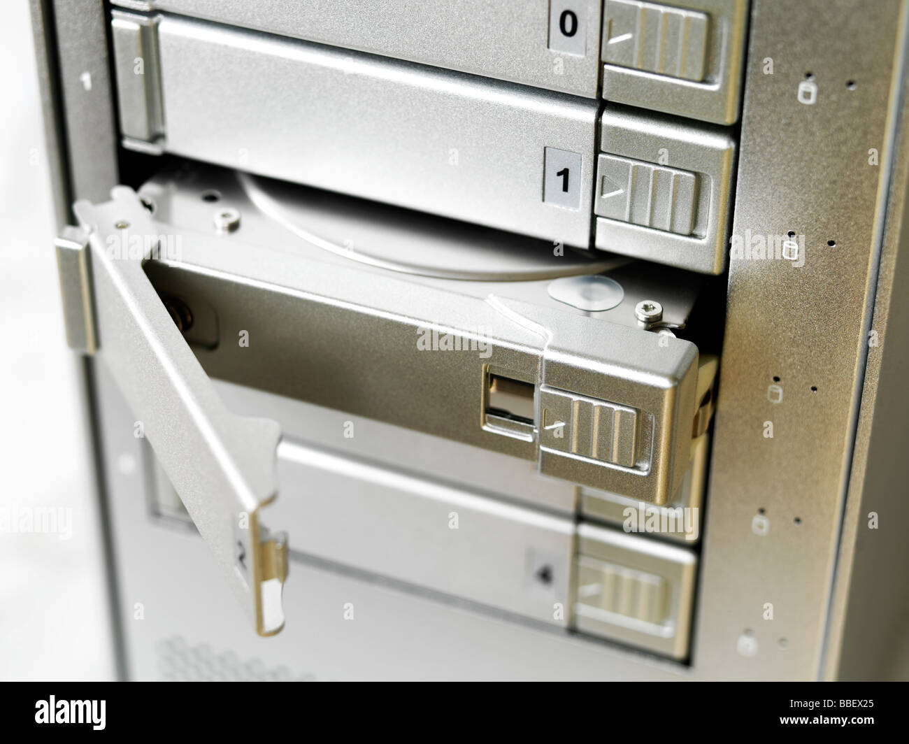 Close up of a of a 5 tray RAID (Redundant Array of Independent Disks) hard drive Stockfoto