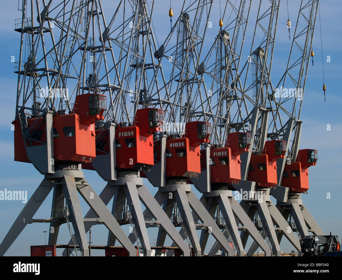 Reihe von roten Kräne mit blauem Himmel Hafen von Rotterdam Niederlande Stockfoto