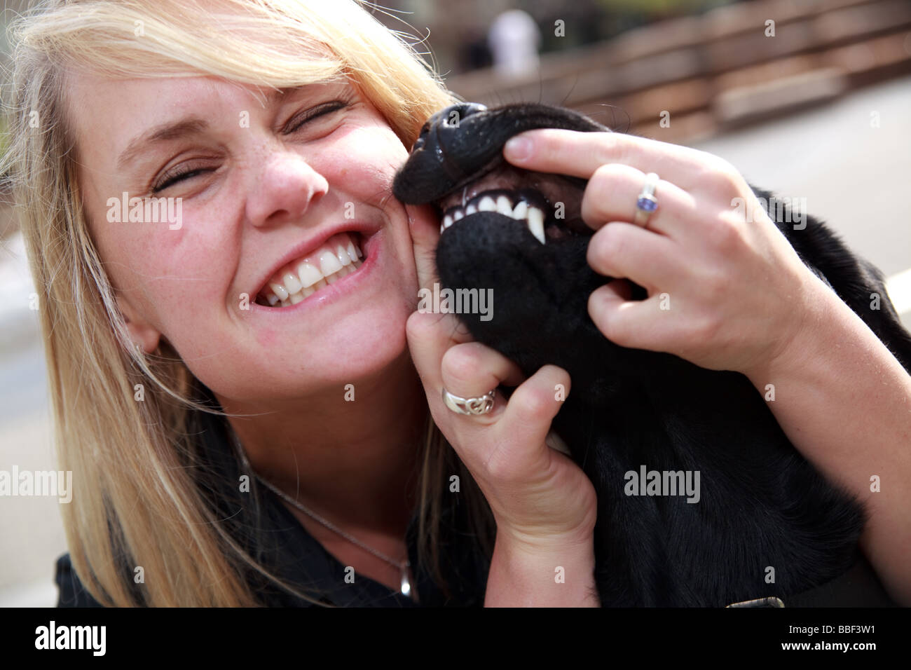 Blondine mit weißen kaukasischen Frau mit schwarzen Labrador Guide Hund in eine urbane Parklandschaft. Stockfoto
