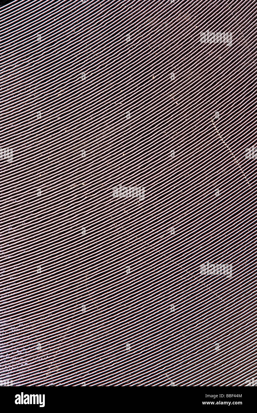 Nahaufnahme, 78 U/min, die den Groove und diagonalen Kratzer auf dem Musikteil der Disc zeigt, der ein abstraktes Muster aus welligen geschwungenen Linien bildet. Stockfoto