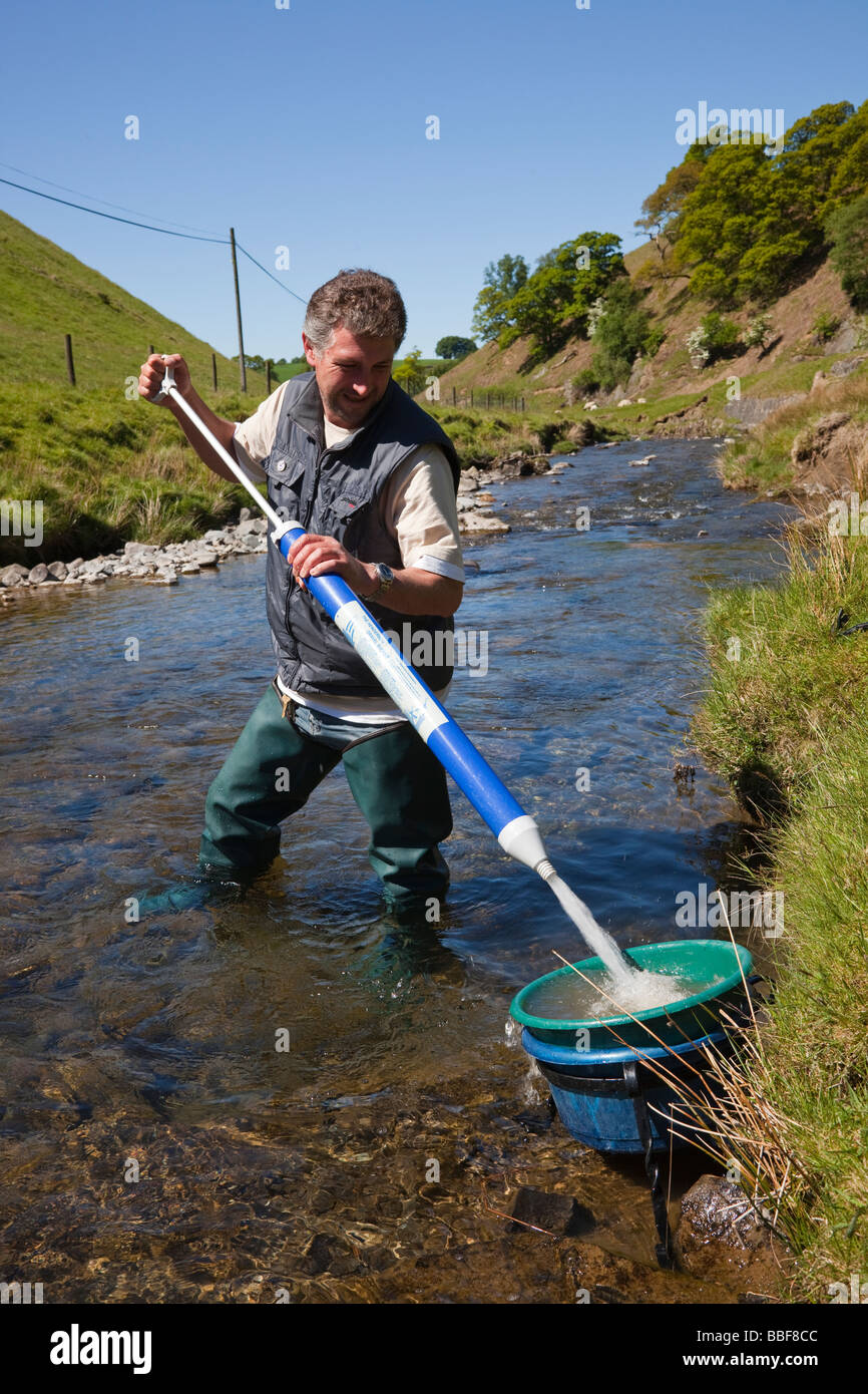 Mann panning für gold-Nuggets im Fluss in der Nähe von Wanlockhead im schottischen Hügel führen. Mann ist einen Glas-Boden-Viewer verwenden. Stockfoto