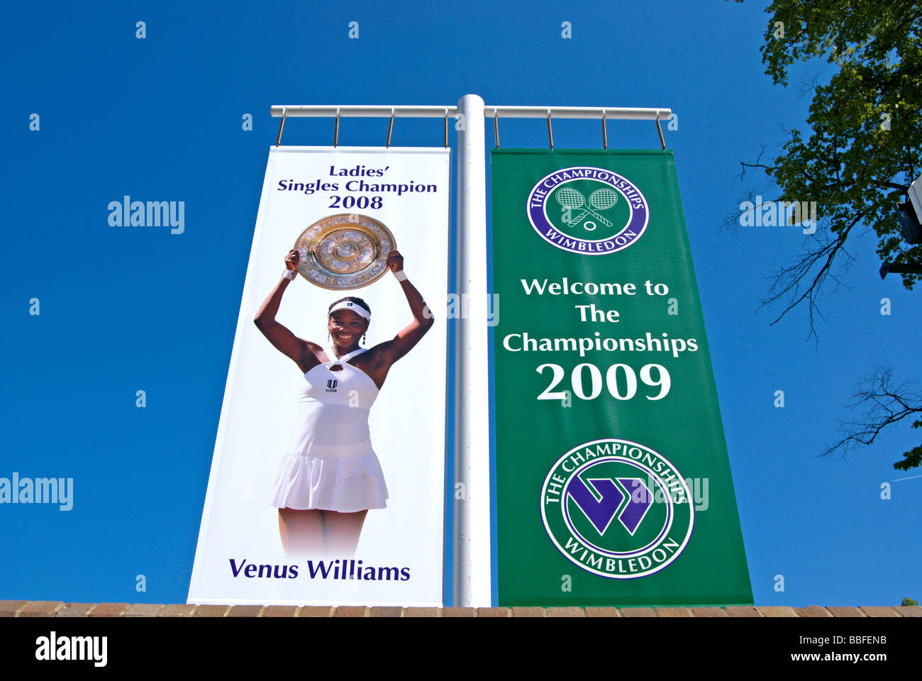 Banner für Wimbledon Tennis Championships 2009 und 2008 Damen Sieger, Venus Williams, bei der All England Lawn Tennisclub Stockfoto