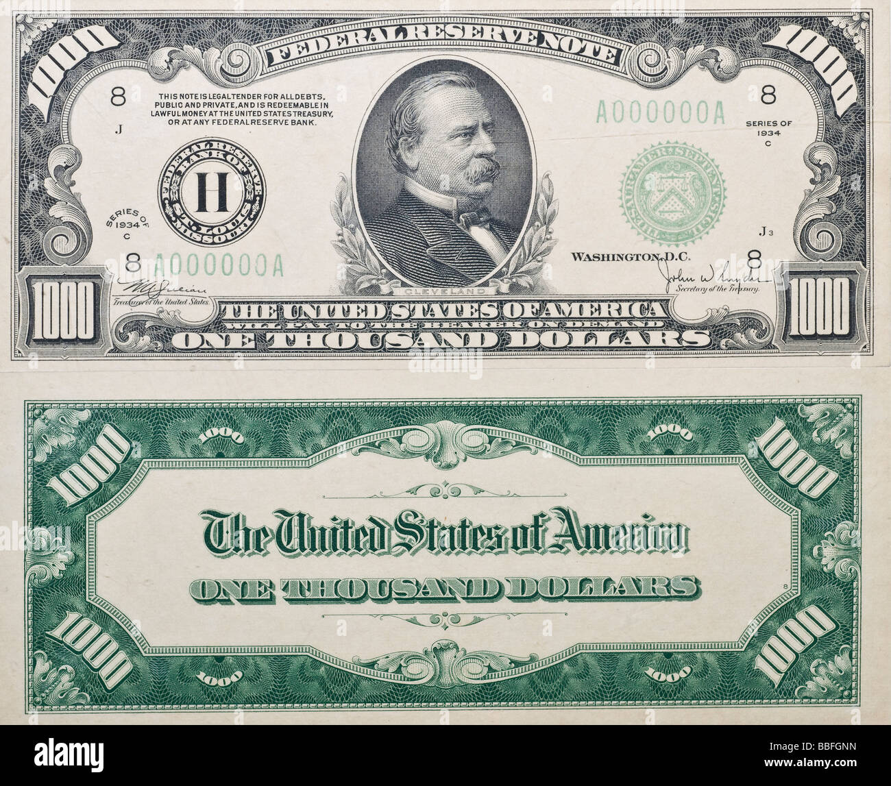 Beidseitig ein reales antikes tausend-Dollar-Schein ab 1934 nicht mehr im Umlauf zeigt Grover Cleveland auf Vorderseite Stockfoto