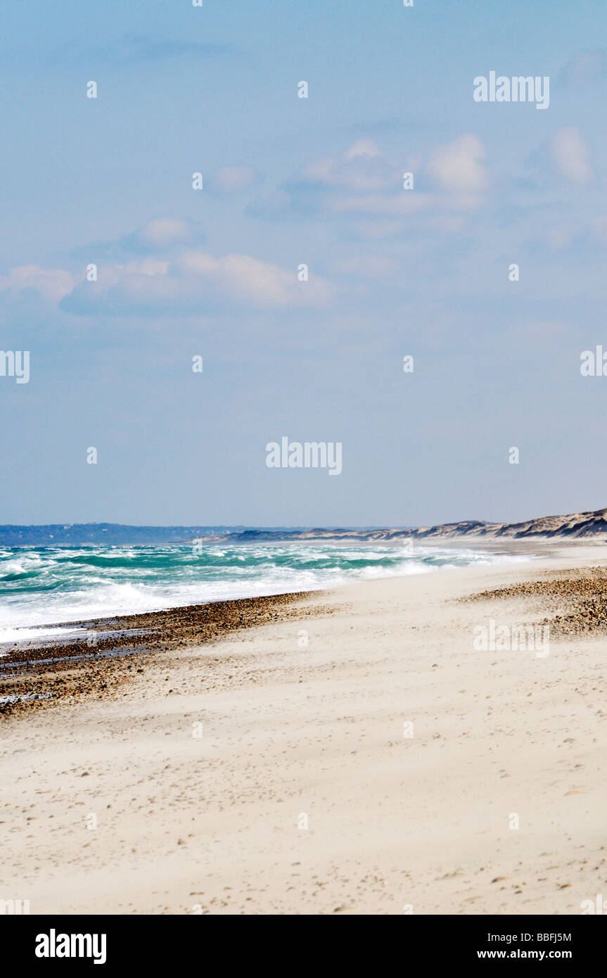 Menschenleeren Sandstrand Hals auf Cape Cod mit raue Brandung und brechenden Wellen am Strand. Massachusetts, USA Stockfoto