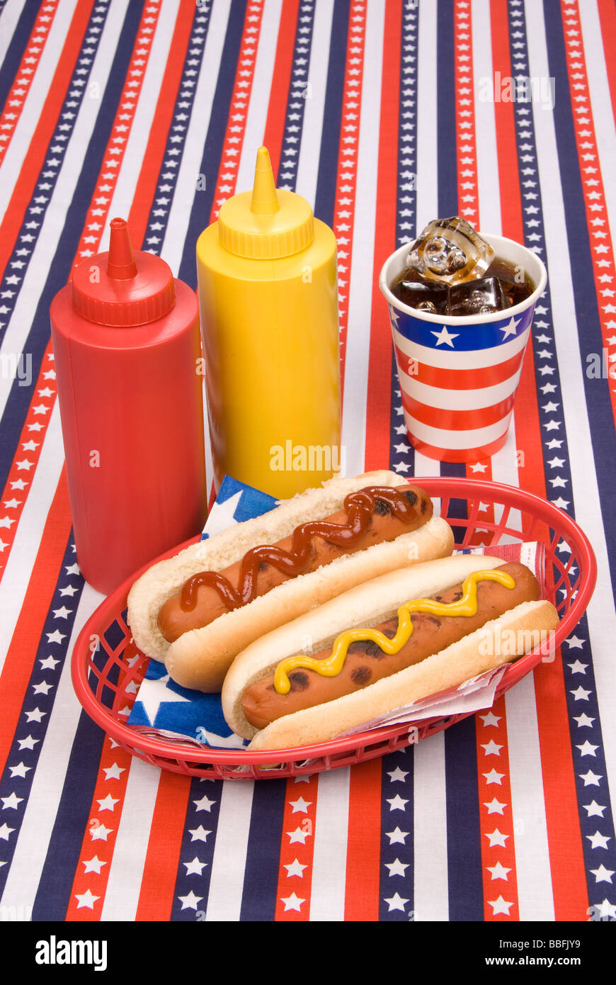 Ein Picknick-Tisch mit einer patriotischen Tischdecke beherbergt einen Korb mit Würstchen mit Ketchup und Senf Flaschen und einem kalten soday Stockfoto