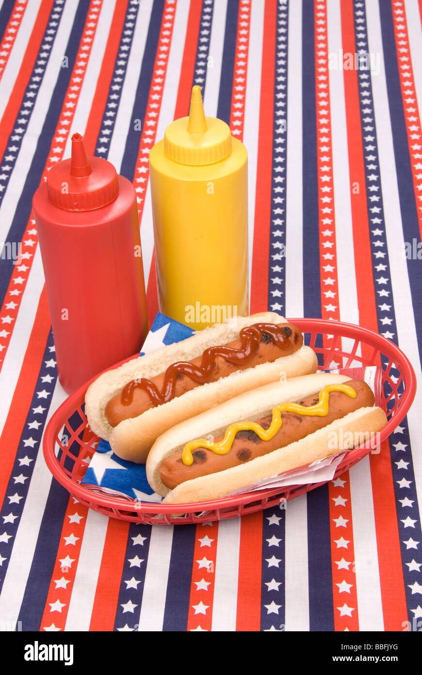 Eine patriotische vierten Juli Picknick Tischdecke beherbergt einen Korb mit Würstchen mit Ketchup und Senf Stockfoto