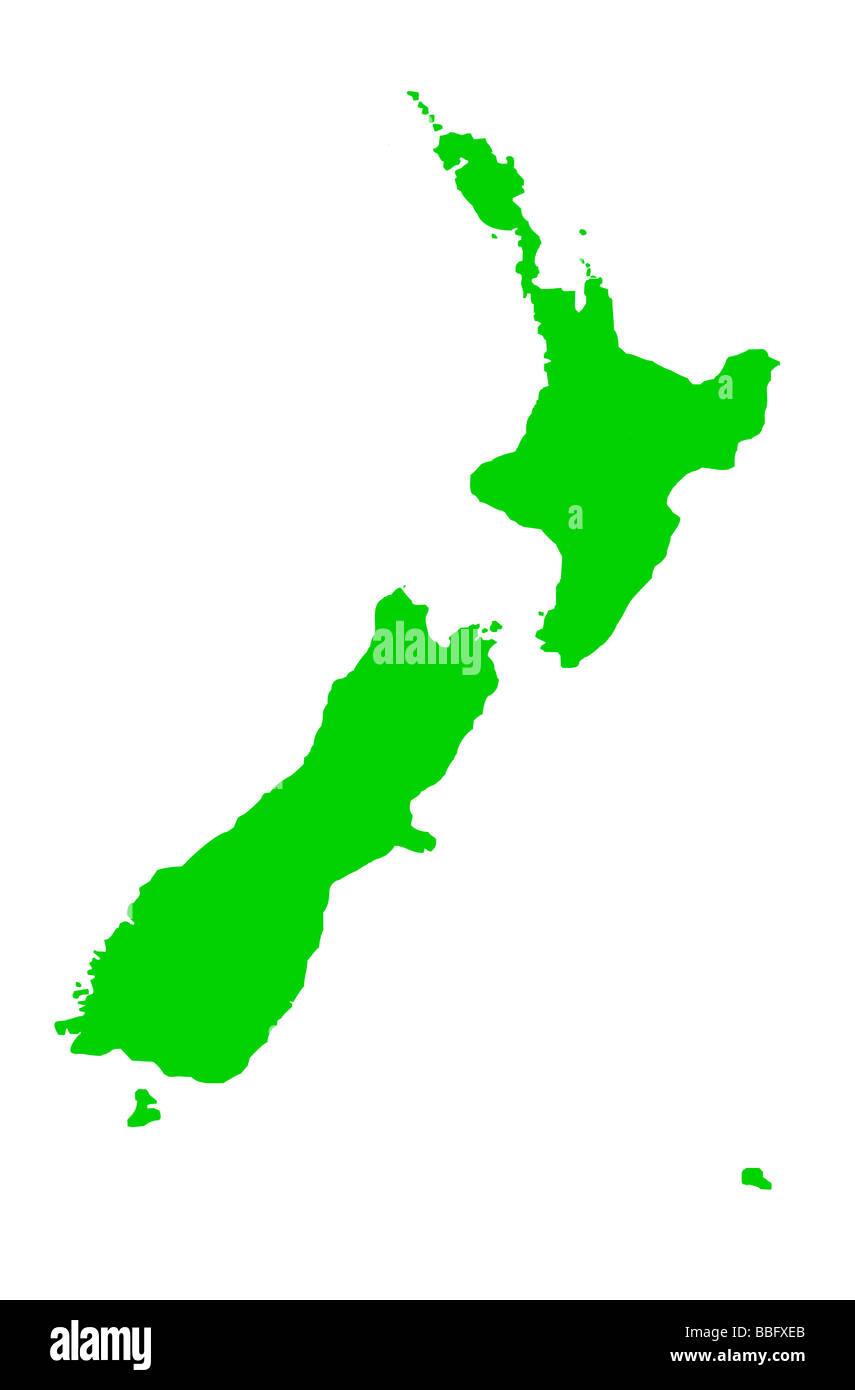 Der Umriß von Neuseeland in grün isoliert auf weißem Hintergrund Stockfoto