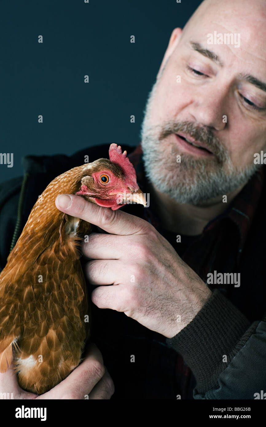 Mann hält ein Huhn Stockfoto