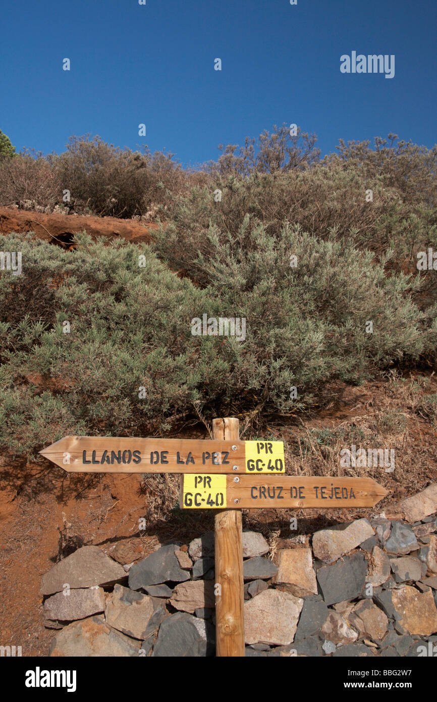 Gran Canaria: Hölzernen Fußweg Zeichen in der Nähe von Cruz De Tejeda Stockfoto