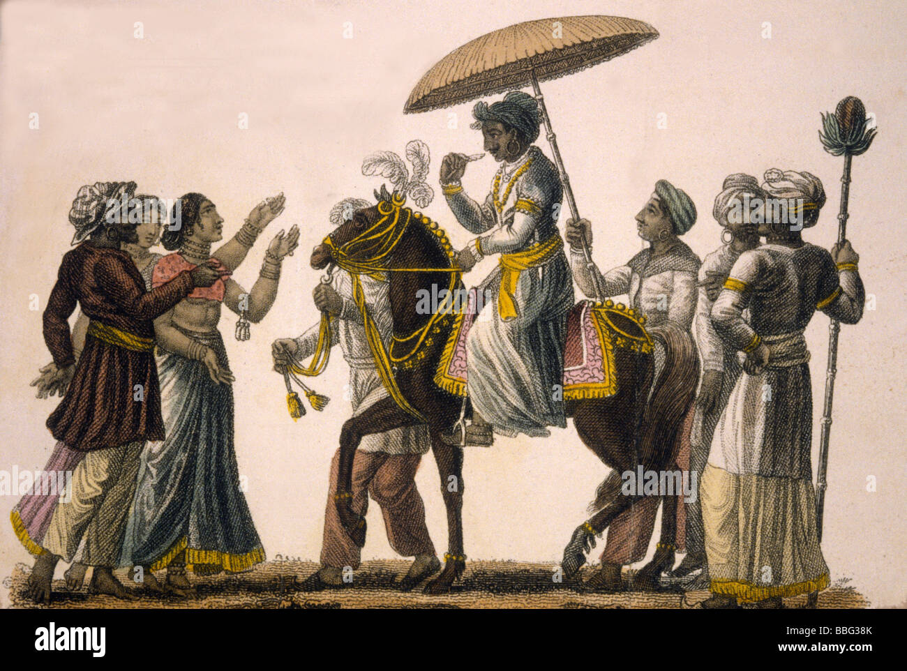 Hindustan Gravur durchgeführt, der Bräutigam im Bundesstaat zum Haus der Braut-1822. Stockfoto