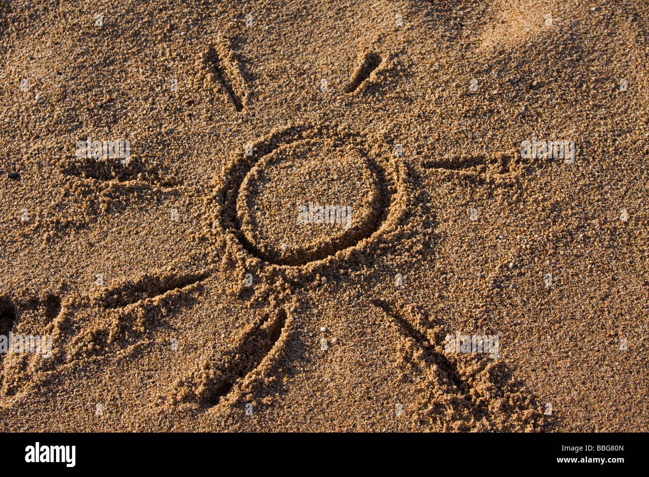 Nahaufnahme von einem Sternzeichen im Sand am Strand Stockfoto