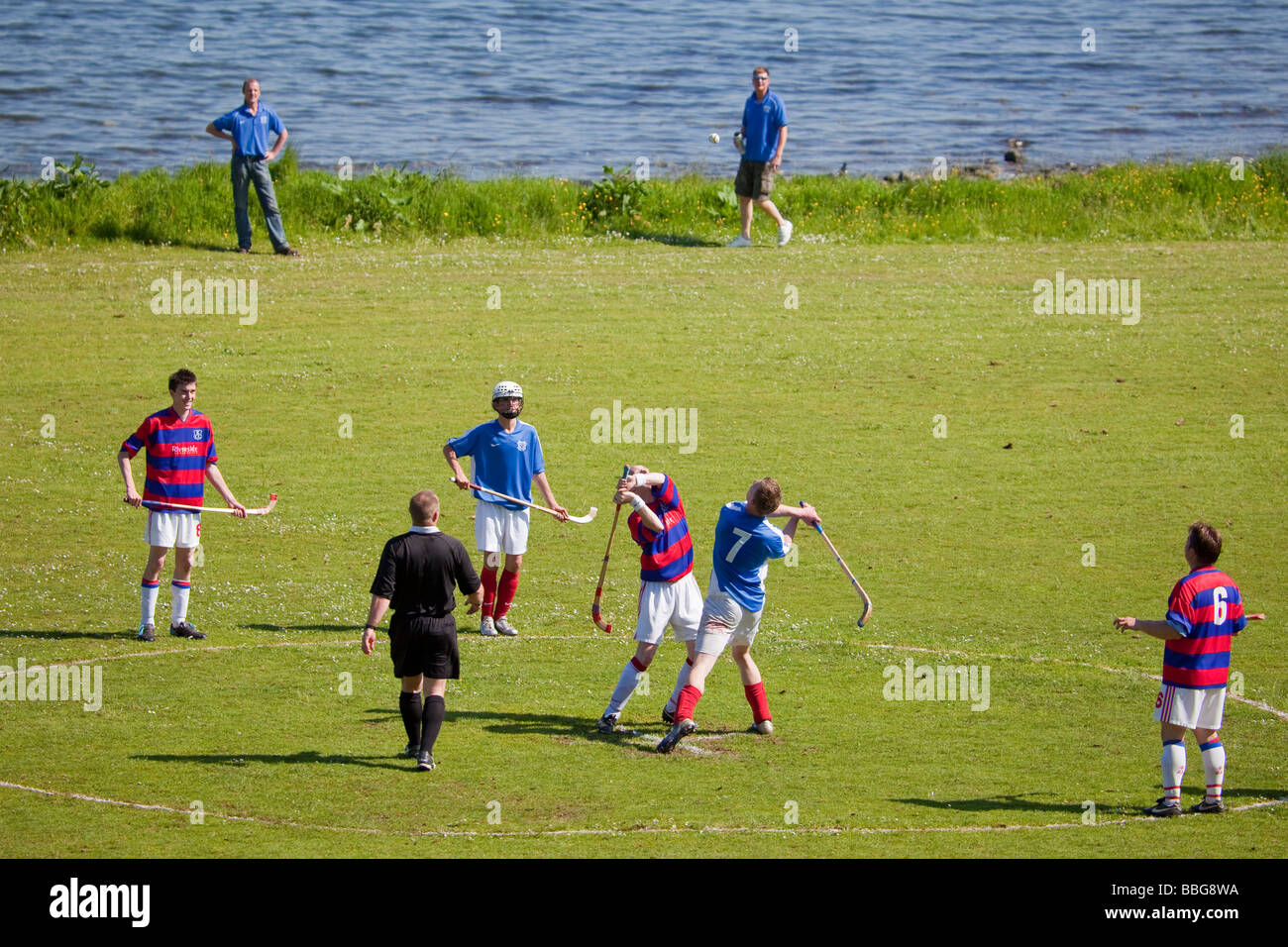 Shinty: Spiel zwischen Athletic Kyles und Kingussie am Tighnabruaich, Argyll, Schottland. Stockfoto